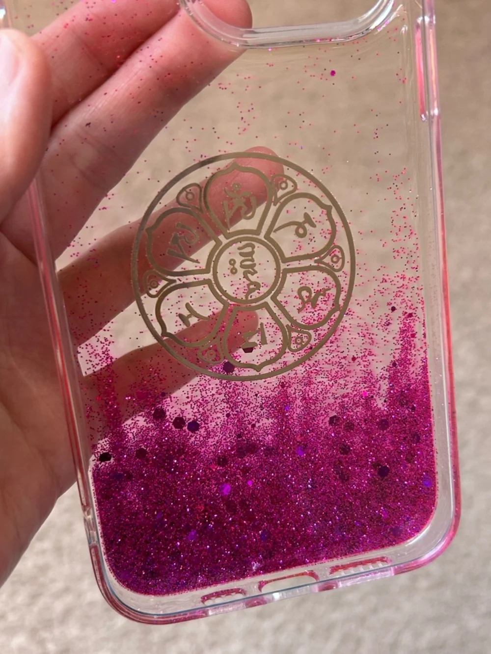 Handmade Tibetan Buddhist Mantra Lotus Pink Glitter IPhone 14 Pro Max Soft Case